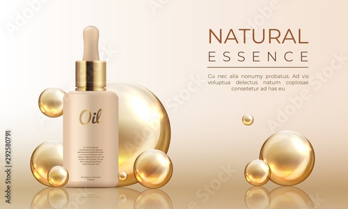 3D realistic cosmetic mockup. Skin care oil, collagen. Vector illustration of essence beauty drops template for branding concept silk glow facial skin