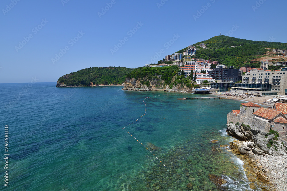 View of the city of Budva from the Mediterranean Sea, Montenegro