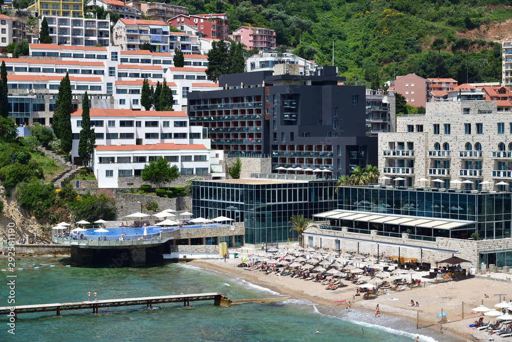 View of the city of Budva from the Mediterranean Sea, Montenegro