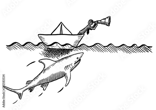 Drawn Visionary In Boat Being Stalked By Shark