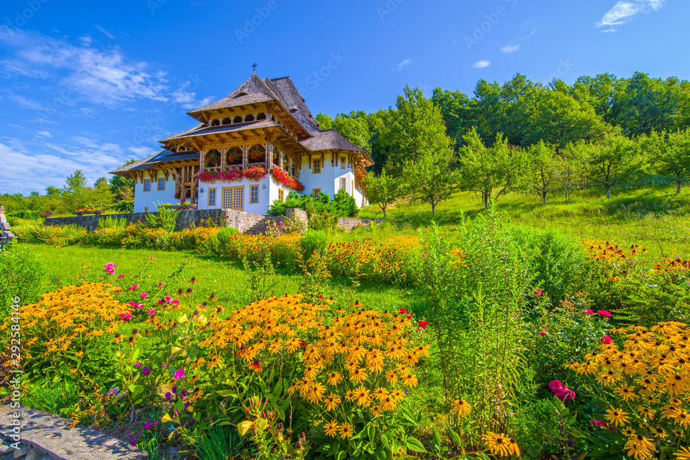 Beautiful flower garden at Barsana Monastery in Maramures region