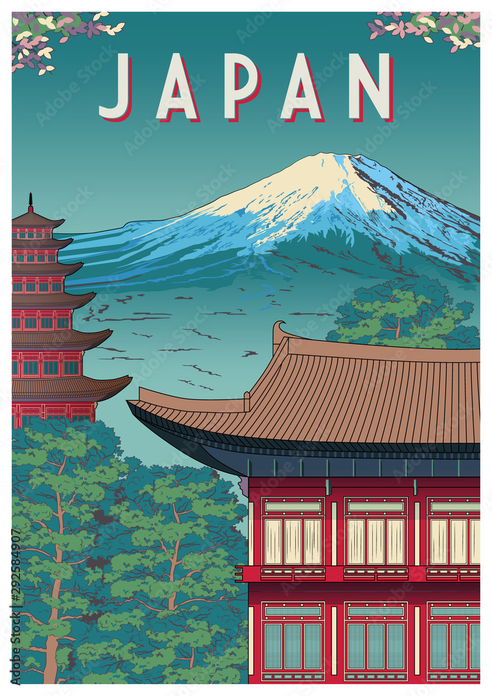 Japan Travel Poster with Temple in the first plan and mountain in the  background. Stock Vector | Adobe Stock