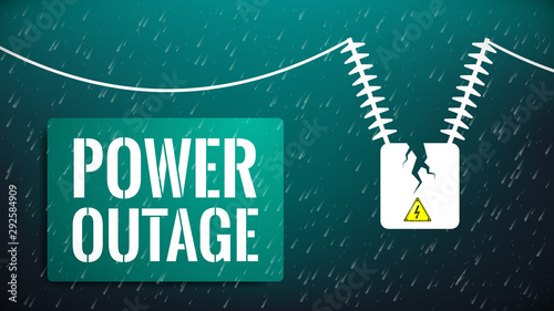 Power outage illustration. No electricity concept due to heavy rain and storm. Damaged power line transformer. Gradient background with white stencil text. Bad weather aftermath