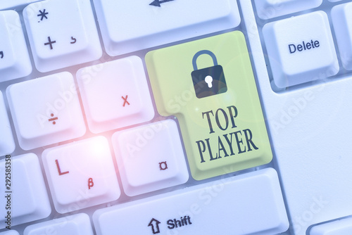 Text sign showing Top Player. Business photo text being best in sports game like football or electronic ones White pc keyboard with empty note paper above white background key copy space photo