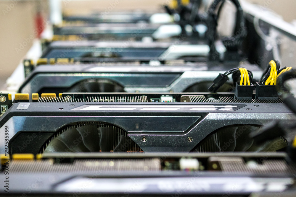 Mining farm graphics card for e-business, calculations, transactions for coin productions