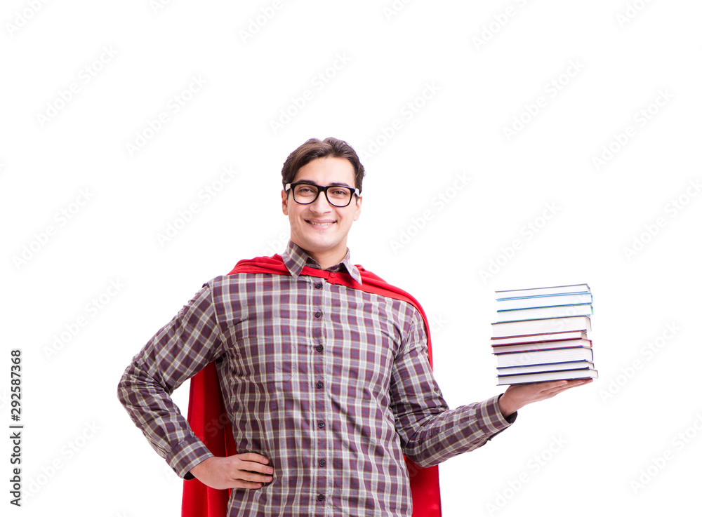 Super hero student with books isolated on white Super hero student with books isolated on white