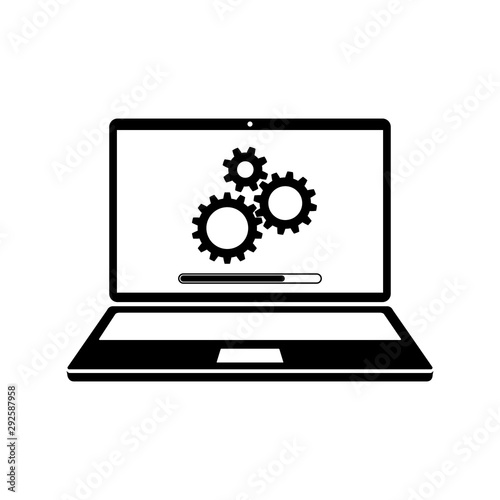 Laptop and gears icon with update screen. Update process, install new software, operating system, update support, setting options, maintenance, adjusting app, laptop service concept - vector