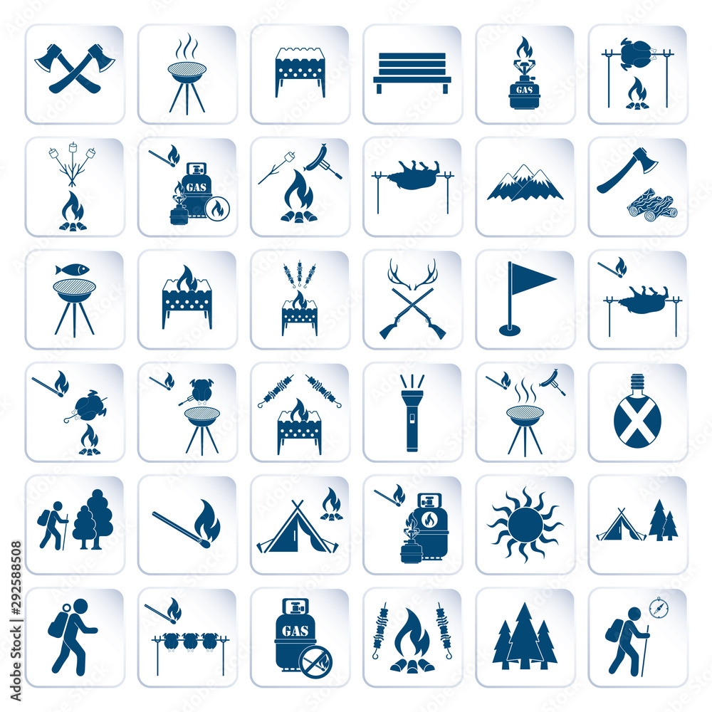 Set of travel and camping equipment icons Set of travel and camping equipment icons