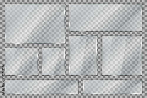 Set glass plate on transparent background, clear glass showcase, realistic window mockup, acrylic and glass texture with glares and light, realistic transparent glass window in rectangle frame