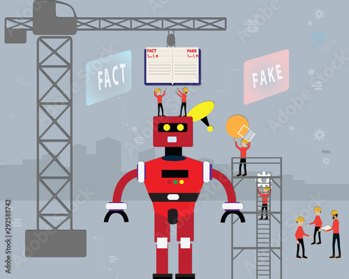 Flat vector illustration machine learning concept with related subject and data such as fake news or fact,Artificial intelligence technology, cartoon robot concept