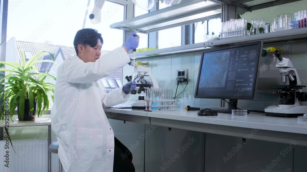 Asian scientist working in lab. Doctor making microbiology research. Laboratory tools: microscope, test tubes, equipment. Biotechnology, chemistry, bacteriology, virology. Asian scientist working in lab. Doctor making microbiology research. Laboratory tools: microscope, test tubes, equipment. Biotechnology, chemistry, bacteriology, virology.