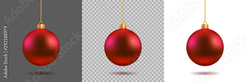 Fototapeta Red Christmas ball on gray, transparent and white background