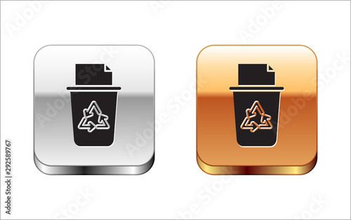 Black Recycle bin with recycle symbol icon isolated on white background. Trash can icon. Garbage bin sign. Recycle basket sign. Silver-gold square button. Vector Illustration
