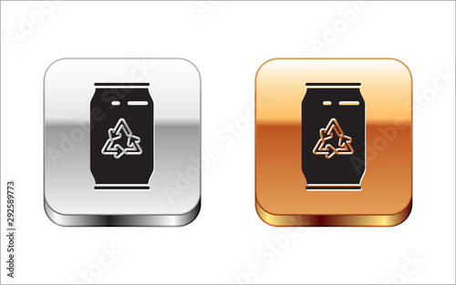 Black Can with recycle symbol and can icon isolated on white background. Trash can icon. Garbage bin sign. Recycle basket sign. Silver-gold square button. Vector Illustration