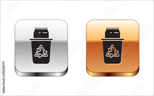 Black Recycle bin with recycle symbol and can icon isolated on white background. Trash can icon. Garbage bin sign. Recycle basket sign. Silver-gold square button. Vector Illustration