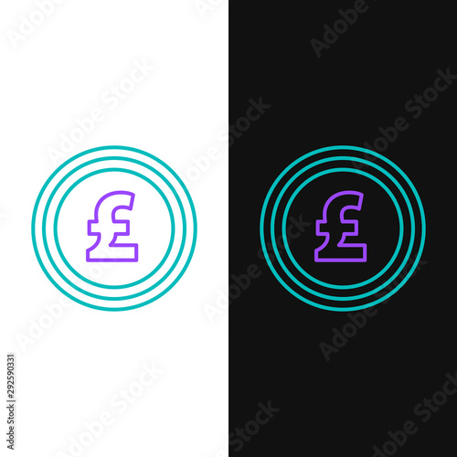 Green and purple line Coin money with pound sterling symbol icon isolated on white and black background. Banking currency sign. Cash symbol. Vector Illustration