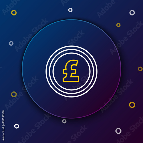 White and yellow line Coin money with pound sterling symbol icon on dark blue background. Banking currency sign. Cash symbol. Colorful outline concept. Vector Illustration