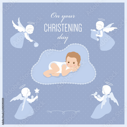 Baptism of the child, christening card with cute angels and baby.