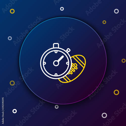 White and yellow line American Football ball and stopwatch icon isolated on dark blue background. Set of sport equipment. Colorful outline concept. Vector Illustration