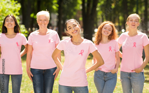 Women In T-Shirts With Pink Awareness Ribbons Standing In Park