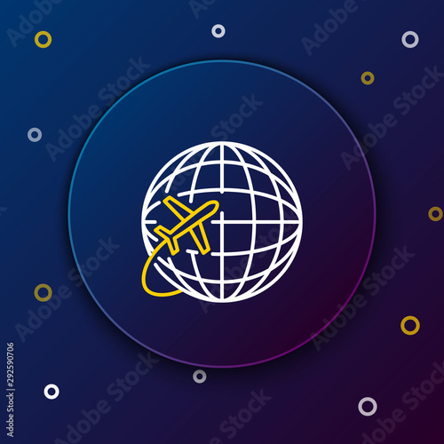White and yellow line Globe with flying plane icon isolated on dark blue background. Airplane fly around the planet earth. Aircraft world icon. Colorful outline concept. Vector Illustration