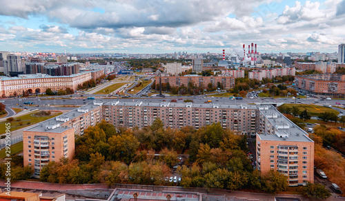 Panoramic aerial view of wide avenue in Moscow under dramatic sky in autumn photo