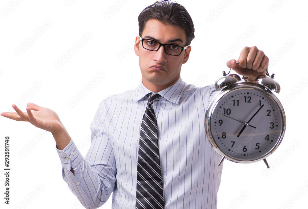 The young businessman in time management concept on white backgr The young businessman in time management concept on white backgr