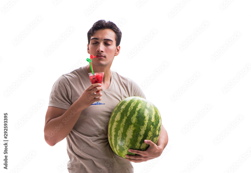Young man with watermelon isolated on white Young man with watermelon isolated on white
