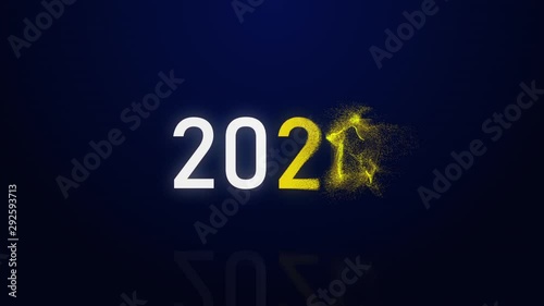 New Year's white and gold numbers are collecting from particles on a dark-blue background. Camera go thru the particles.