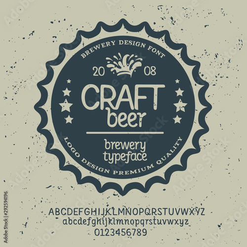 "Craft beer" typeface. Vector hand crafted font in medieval style with hops. Good for posters, alcohol label and festival invitation.Letters and numbers.Vector illustration.