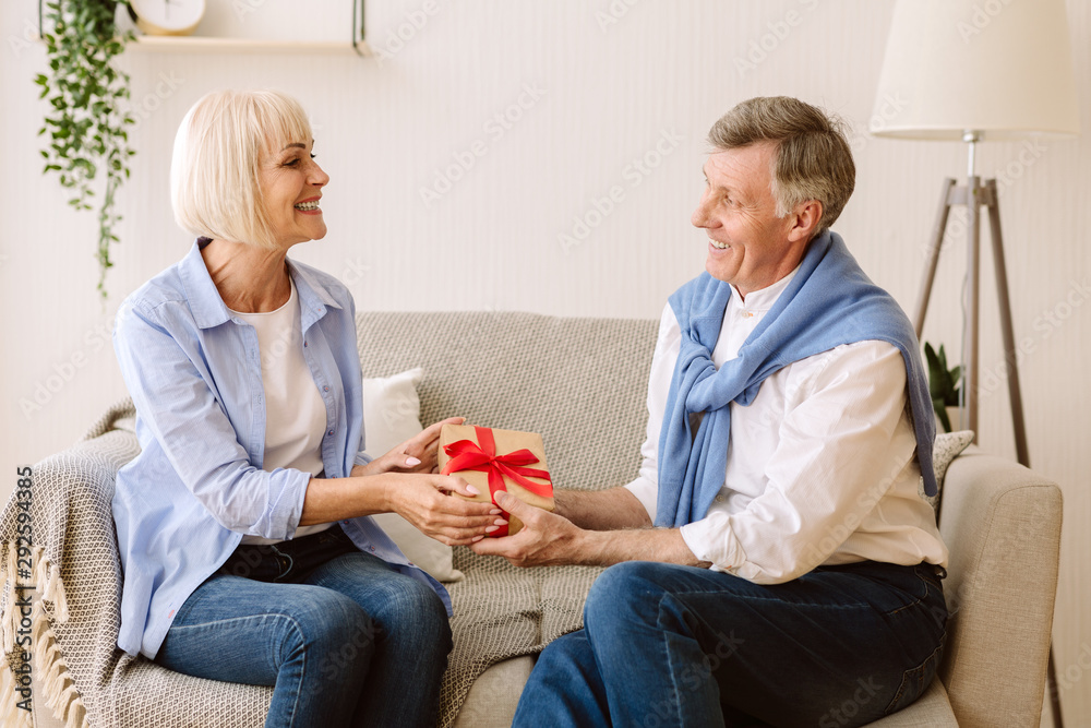 Gift with love. Mature man giving present to wife Gift with love. Mature man giving present to wife