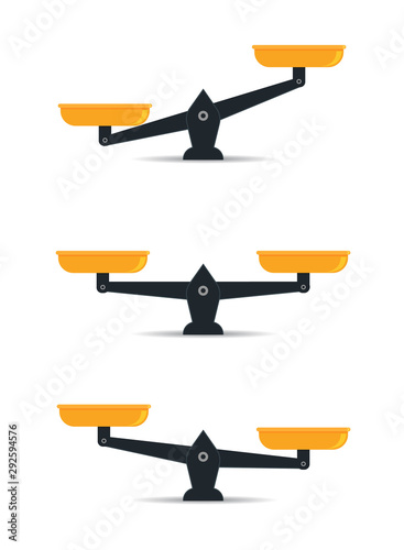 Set of scale balance in flat style.Digital flat libra for weight. Simple scale justice concept. Food libra on isolated background. Empty bowls of libra. vector illustration