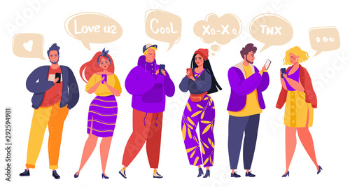 Social networking, media, virtual relationships concept. Flat cartoon characters chatting via internet using smartphone. Group of modern young people, students, pupils or millennials chatting.
