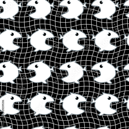 Vector seamless pattern with abstract fishes on an black background. Vector illustration for greeting card or poster.