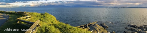 Photo Wide Panoramic Seascape View of Juan De Fuca Strait and Distant Olympic Peninsul