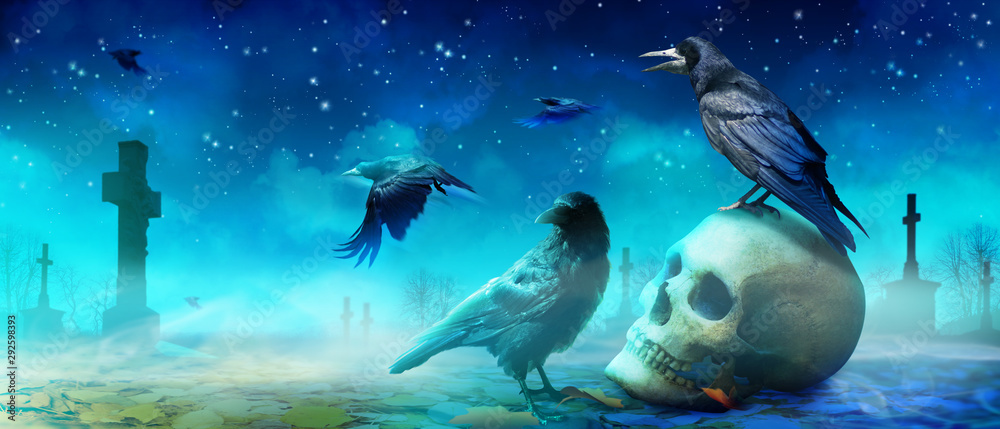 Obraz premium Halloween Motiv mit Krähen auf dem Friedhof