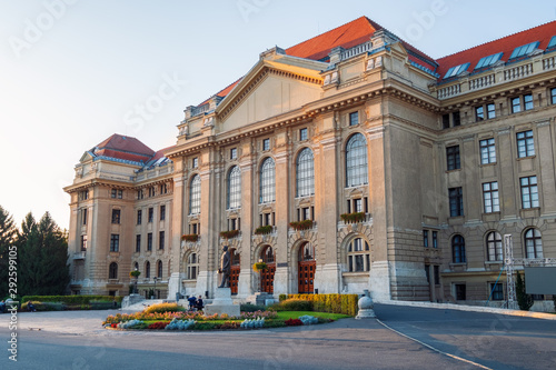 фотографія Debrecen University building, beautiful and unique construction at sunset