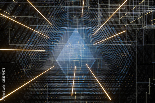 Fototapeta Naklejka Na Ścianę i Meble -  Dark triangle tunnel with glowing hud lines, 3d rendering