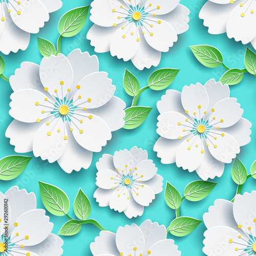 Seamless pattern with white sakura and green leaves