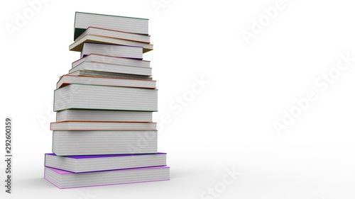 A stack of books, on a white background. 3d rendering, 3d illustration.