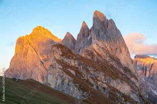 Beautiful Seceda Mountains and stunning views of the Odle Mountains and Dolomites mountains, Val Gardena, Trentino Alto Adige, South Tyrol