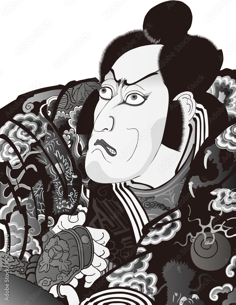 Naklejka premium 浮世絵 歌舞伎役者 その57 白黒 