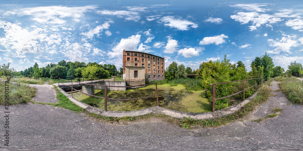 full seamless spherical hdri panorama 360 degrees angle view near dam of old water mill in equirectangular projection, VR AR virtual reality content. Wind power generation. Pure green energy.