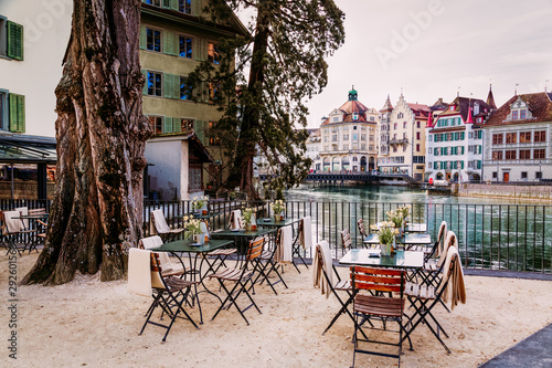 Old town street and restarurant tables in Lucerne city, Switzerland © Michal Ludwiczak