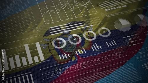 Ecuador. Statistics, infographics, financial market data, analysis and reports, numbers and graphs on Ecuadorian waving flag 4K. 