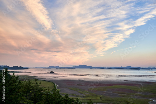 The view of beautiful clouds and the ocean at the Sunchoenman Bay Wetland Reserve in South Korea.