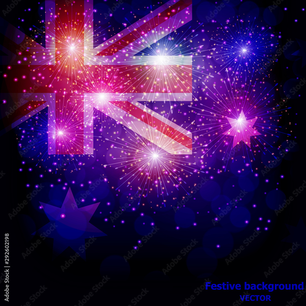 Obraz premium Bright firework with flag Australia for holidays. Vector illustration.