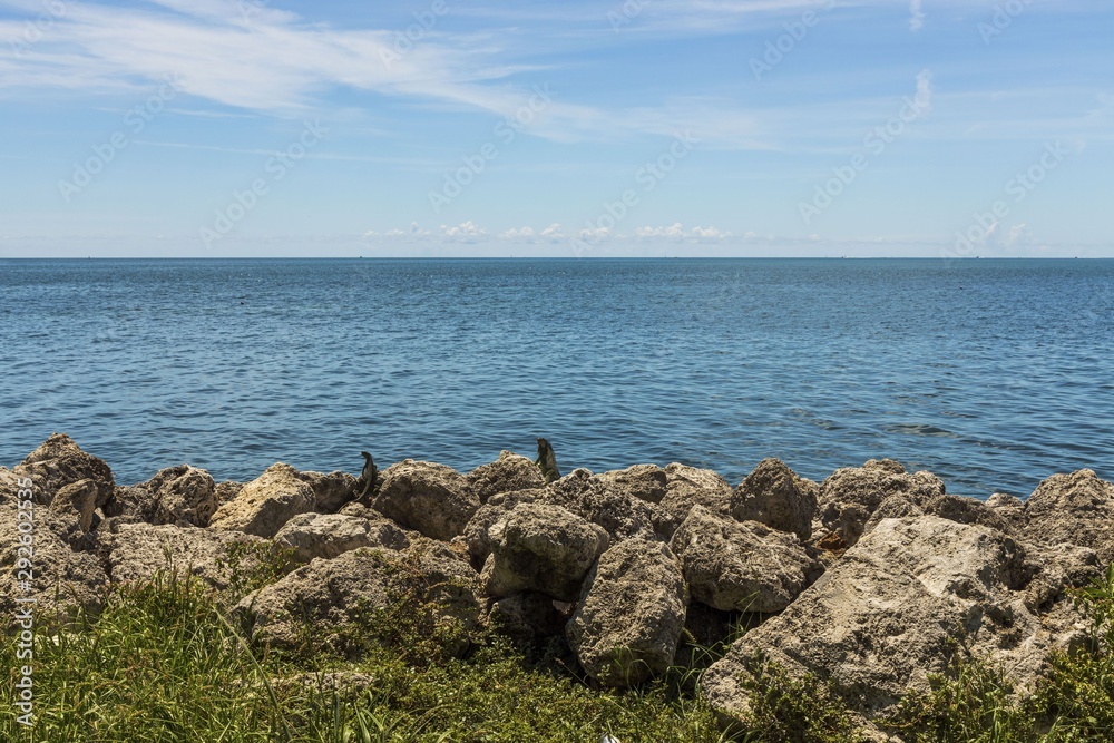 Beautiful nature landscape view. Rocky coast line.  Blue water surface of Atlantic ocean merging with blue sky. Key West, Florida. 