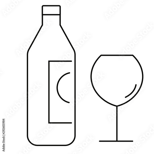 Labeled bottle of wine and glass cup vector illustration in black and white.