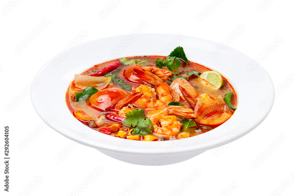 Closeup plate of traditional thai soup - tom yum kung with shrimps and tomatoes isolated at white background. Closeup plate of traditional thai soup - tom yum kung with shrimps and tomatoes isolated at white background.
